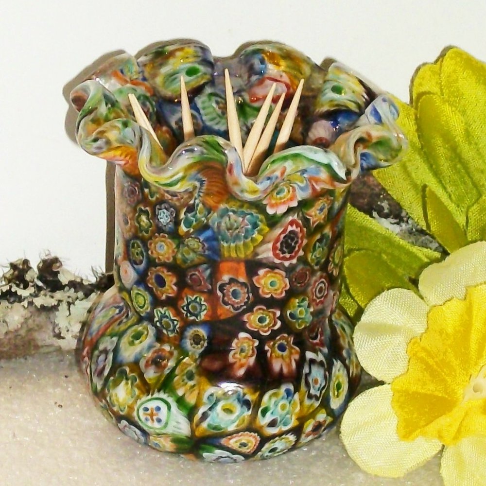 Vintage Murano Venetian Millefiori Ruffled Rim Toothpick Holder